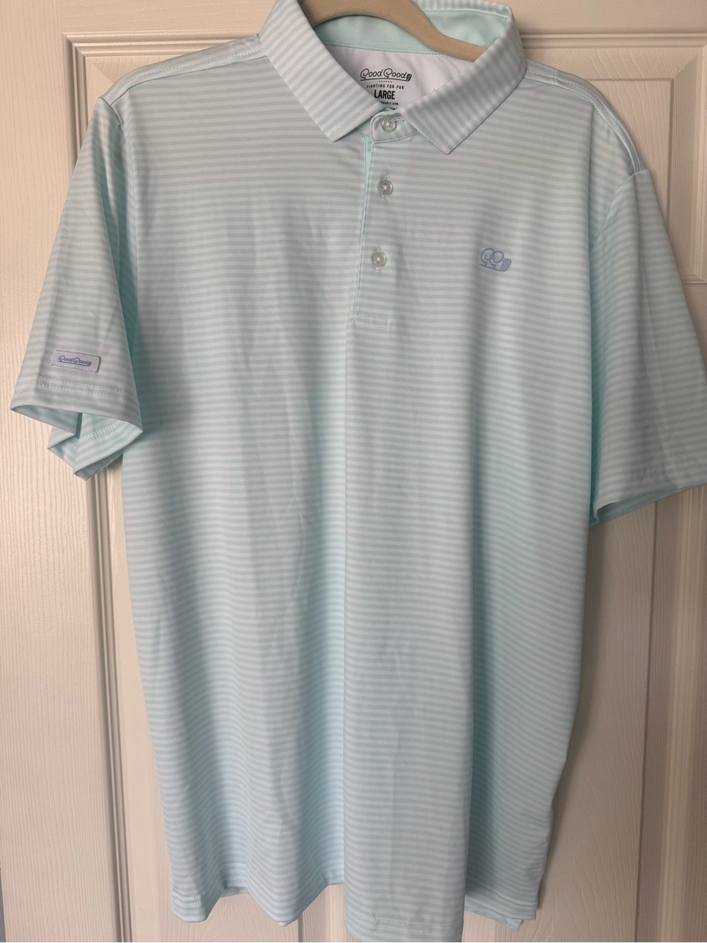 Good Good Golf Men's Light Blue White Striped Performance Polo